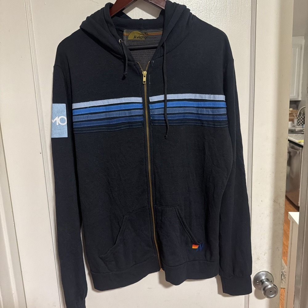 Aviator Nation 5 Stripe Full Zip Hoodie Women's Size XL extra Large Blue